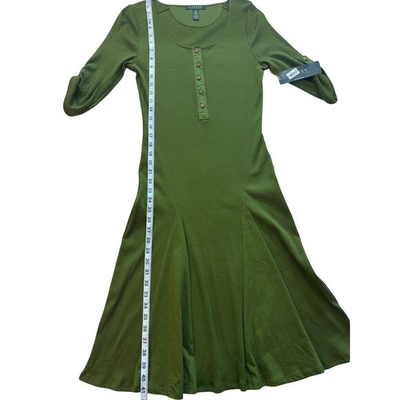 Ladies Medium Ralph Lauren olive green rib jersey dress button roll-tab sleeve - Picture 11 of 13